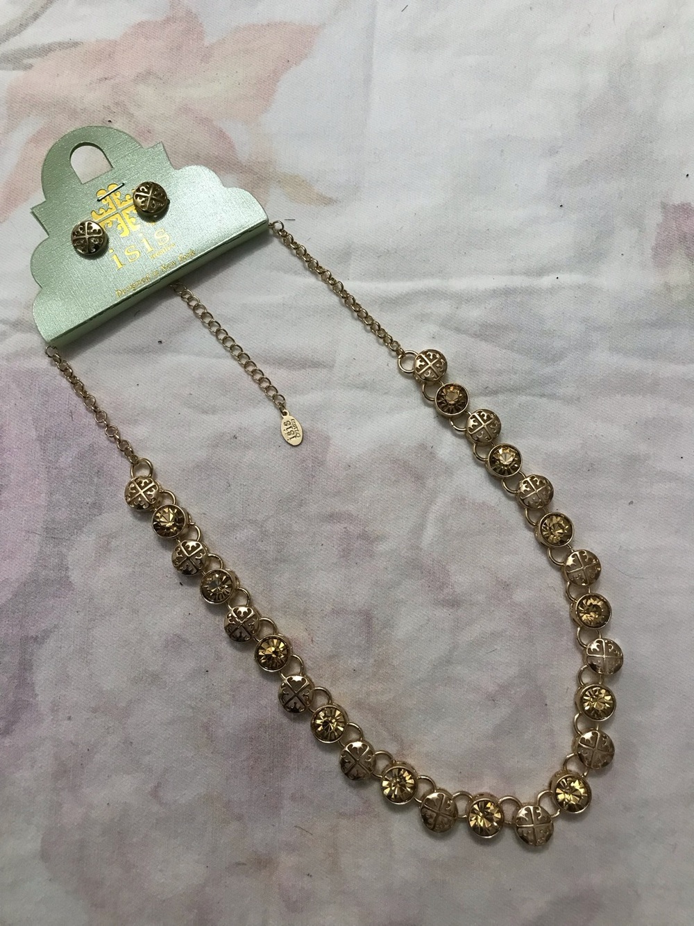 Isis Creative Gold Tone Brown Rhinestone Stud Earrings and Necklace Set 18”